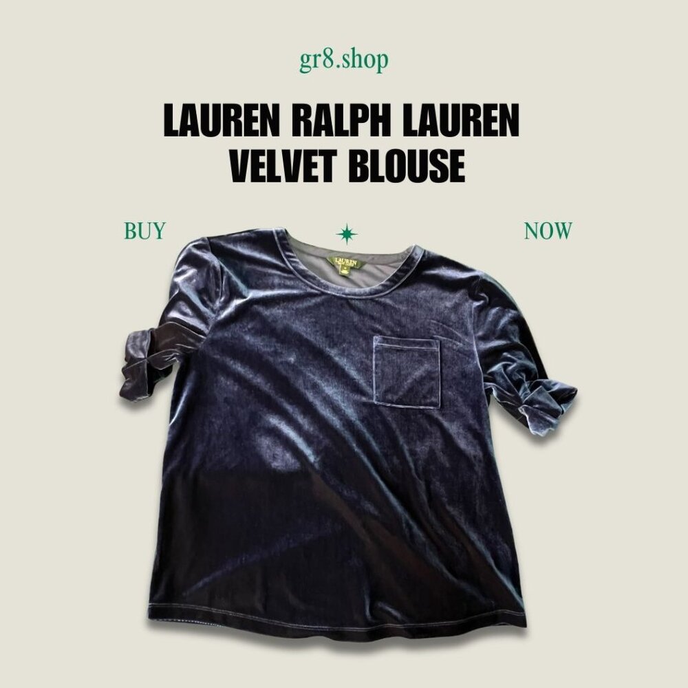 Lauren Ralph Lauren Velvet Blouse Navy Blue Short Sleeve Size M